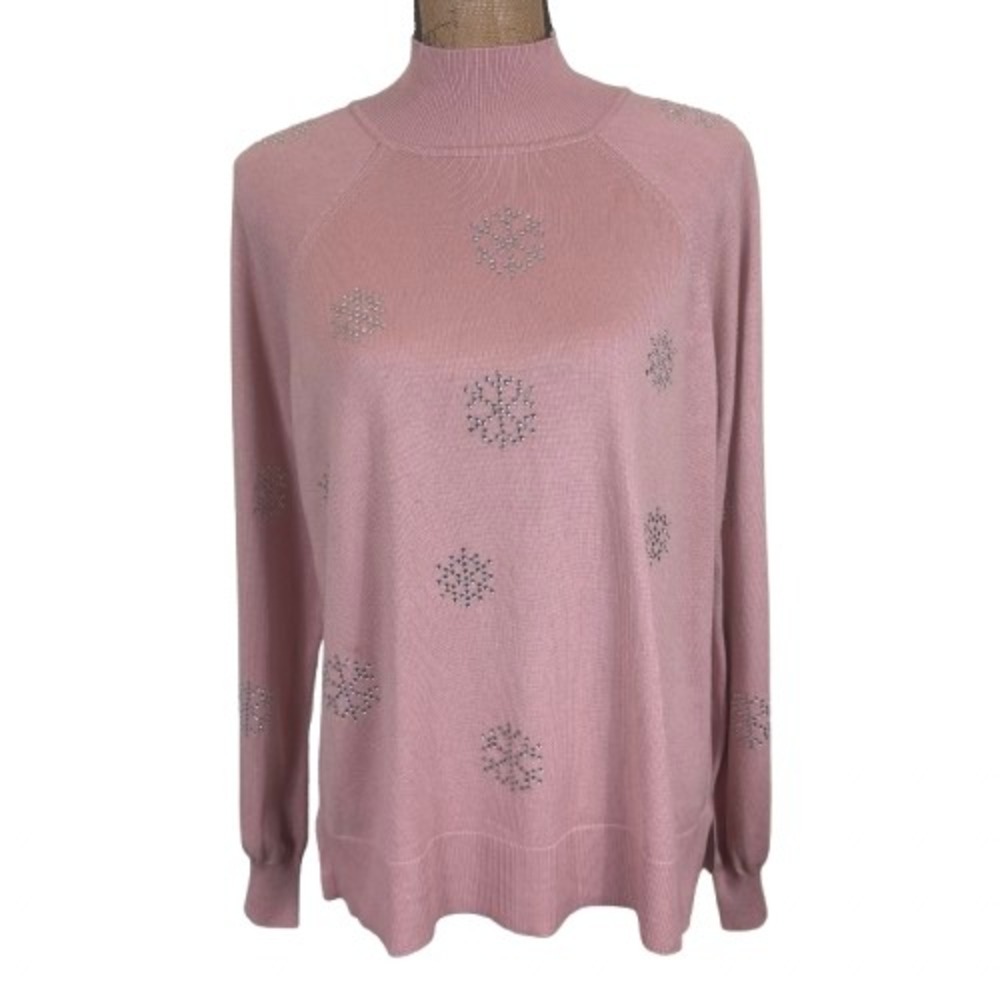 Marled Reunited Clothing Pink Rhinestone Snowflake Mock Neck Sweater Winter XL